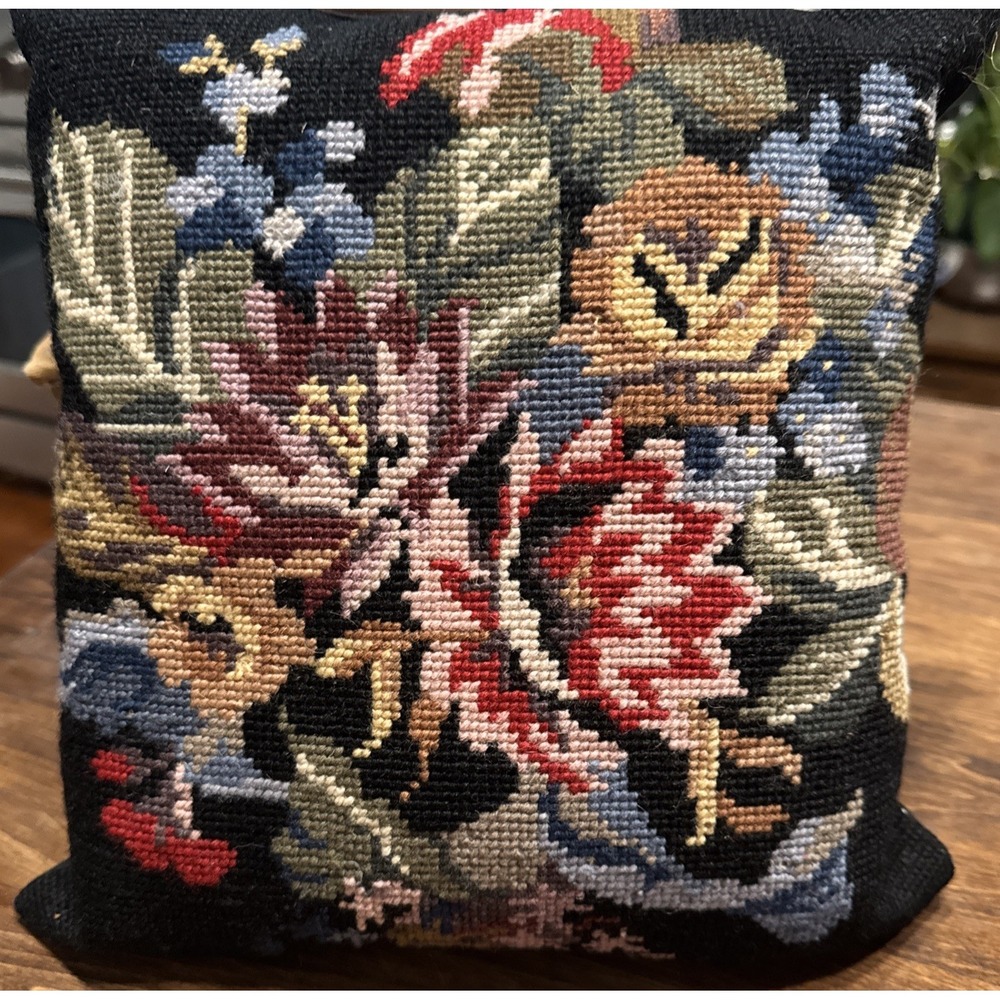 Needlepoint Black Flowered Pillow Vintage 10 x 10 Handmade